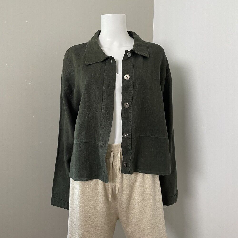 Studio Ease 20W Jacket Dark Olive 100% Linen Button Front Art to Wear
